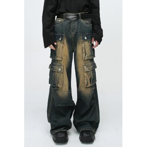 Wide Leg Vintage Denim Pants with Multi Pockets Loose Fit Cargo Jeans for Men2