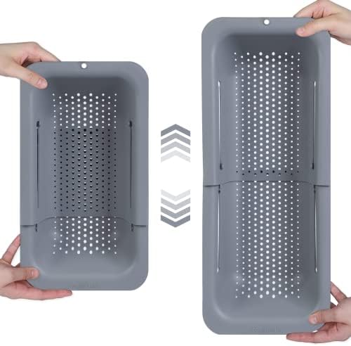 BLUE GINKGO Over the Sink Colander Strainer Basket - Wash Vegetables and Fruits, Drain Cooked Pasta and Dry Dishes - Extendable - New Home Kitchen Essentials (7.9 W x 14.5-19.5 L x 2.75 H) - Gray