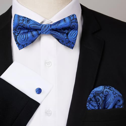 Image of HISDERN Bow Ties for Men Pretied Bow Tie Set Paisley Classic Bowties and Pocket Square Cufflinks Set for Wedding Party
