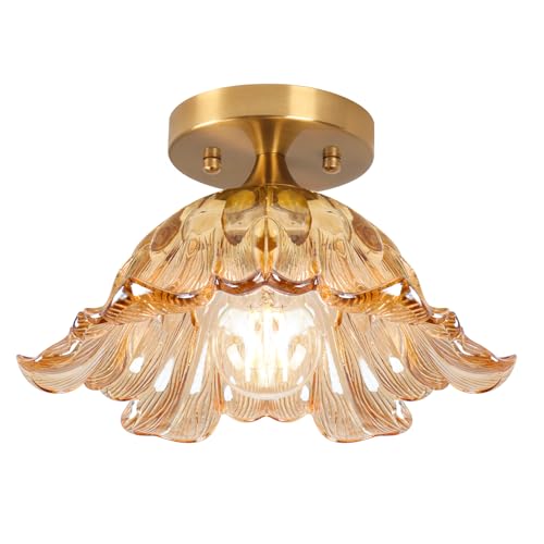 Image of Semi Flush Mount Ceiling Light,Vintage Lights Fixture Ceiling Amber Shade Glass, E26 Ceiling Light Fixtures for Closet Kitchen Bedroom, Bulb Included