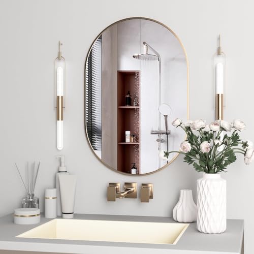 Image of Asymmetric Oval Wall Mirror with Durable Wooden Frame - 24 inchx16 inch (Golden) | Modern Decorative Wall Hanging Mirror for Bathroom, Basin, Living Room, Hostel Room & Dressing Table.