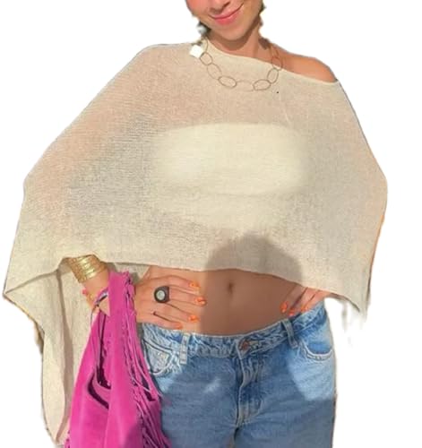 Women Sheer Knit Poncho Shrug Lightweight One Shoulder Pullover Top Asymmetrical Hem Cover Up Crochet Shawl