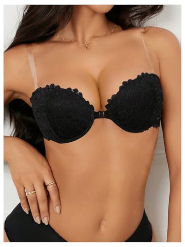 GORGLITTER Women's Strapless Push Up Front Fastening Bra Underwire High Support Scalloped Cross Back Lace Bras Black 32B - Image 5