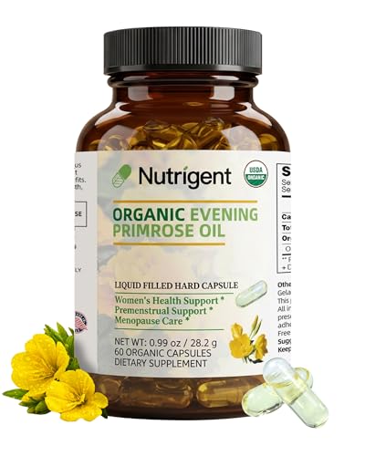 Nutrigent Organic Evening Primrose Oil Supplement, 940 mg 100% Pure with 10% GLA, High Absorption Liquid Organic Capsules, Promotes Women's Health & Skin Health, Cold Pressed, 60 Count