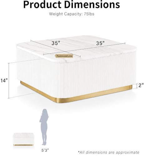 Image of Luxury Square White Coffee Table with Nano Composite Marble-Look Top & Gold Base, Waterproof Plywood, Contemporary Center Table with Ribbed Fluted Design for Living Room & Home Decor
