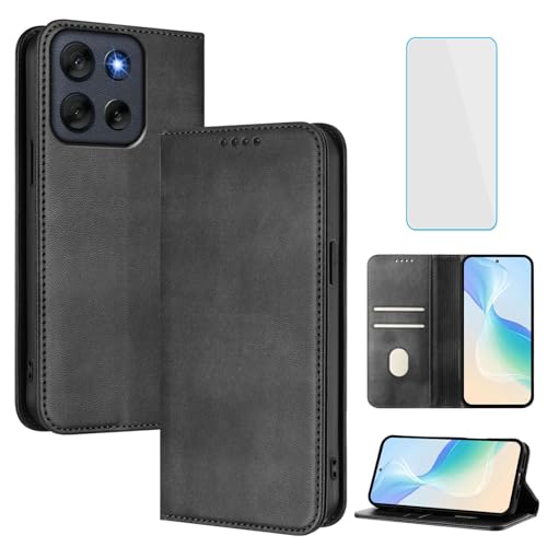 OUEAYIEN Coque pour Motorola Moto G56 5G avec Verre Trempé Blocage RFID Protection Housse Cuir Fente Carte Support Étuis à Rabat Vintage Etui Portefeuille...