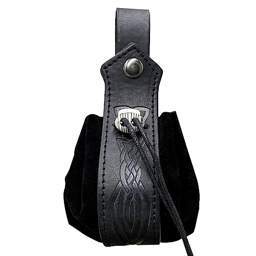 Medieval Faux Leather Pouch,Viking Belt Pouch,Retro Nordic Fanny Pack,Portable Drawstring Purse,Dice Bag for Hiking Archery LARP Renaissance Faire Costume (Black C)