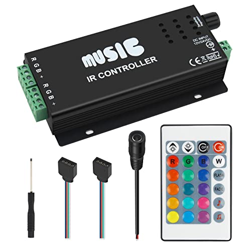 RGBZONE RGB 4-PIN LED Controller, DC12-24V LED Light Strips Controller, 24-Keys IR Wireles Remote Control, Music Sync for 5050 3528 RGB LED Strip Light