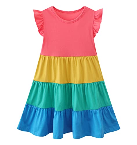 Image of HILEELANG Girls Cotton Tiered Dress Flutter Ruffle Sleeve Summer Swing Sundress Birthday Party Casual Outfit Colorblock 2-12Y