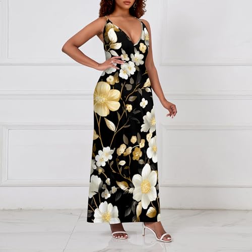 Image of Women Spaghetti Strap Maxi Dress with Pockets | Soft fabric relaxed fit sleeveless v neck with pockets for party and daily wear