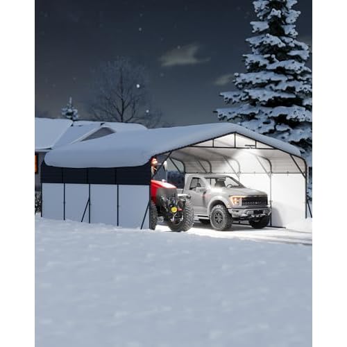 20x20FT Metal Carport Heavy-Duty Build with LED Light & Galvanized Steel Roof, Reinforced Stable Structure with Removable PE Sidewalls(White), Spaciou