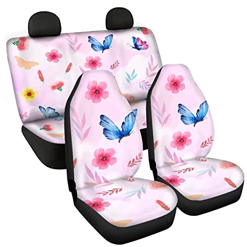 Image of Flower Butterfly Design Pink Seat Covers for Cars Full Set Elastic Durable Non Slip Two Front Seat Cover Rear Bench Universal Car Seat Protector Fit Trucks SUV Comfort Soft Automotive Seat Cover
