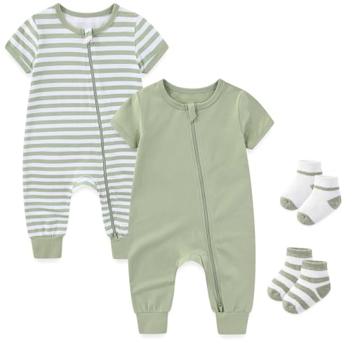 Image of falianni Baby Boy Girl 2-Pack Rompers with Socks 0-18M Toddler Unisex Zipper Short Sleeve Jumpsuits Clothes