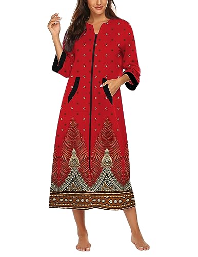 Image of Ekouaer Women Zipper Robe 3 /4 Sleeves Loungewear Dress Full Length Sleepwear Pockets Housecoat Nightgown Long Bathrobe