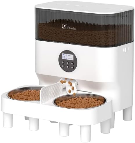 Espelho Elevated Automatic Cat Feeders for 2 Cats, 5L Timed Cat Food Dispenser with 2-Way Splitter & 2 Stainless Steel Bowls Programmable Pet Feeder for Cats & Dogs 10S Voice Recorder