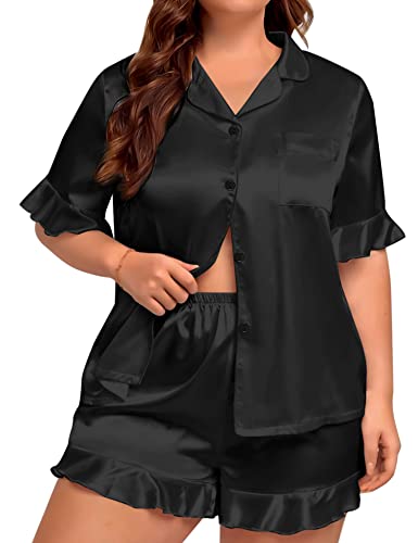 SWOMOG Womens Satin Plus Size Pajamas Silk Short Sleeve Pjs Sets Ruffle Shorts 2 Piece Loose Outfit Sleepwear with Pocket2