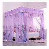 Romantische lila Betthimmel-Vorhänge – 4 Eck-Moskitonetz für 1,5 m Bett, schützender Netz-Unterstand mit Metallhalterung, elegante Schlafzimmer-Dekoration, Insektenschutzvorhang