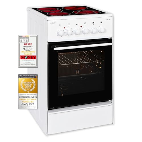 Exquisit Standherd ECM 8-4.1 BZ | Standherd 50cm mit Glaskeramik Kochfeld | 2-Kreis-Bräterzone | Umluft | Grill | Heißluft | Elektroherd freistehend 50 cm | weiss