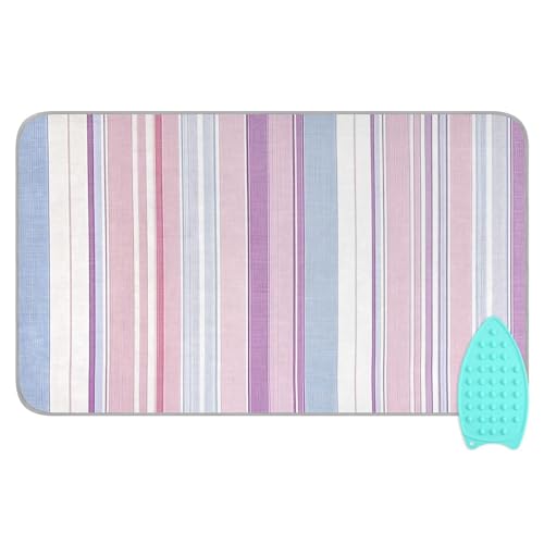 pnyoin Portable Ironing Mat Pink Blue Stripes Travel Ironing Pad with Silicone Iron Rest for Steam Pressing on Tabletop or Bed Heat Resistant Portable Quilting & Travel Blanket