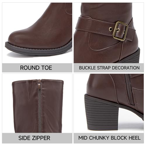 SelenePair Women's Knee High Boots Fashion Round Toe Buckle Strap Slouchy Mid Chunky Block Heel Boot3