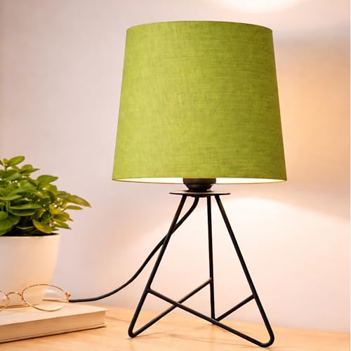 Image of Modern Black Tripod Table Lamp with Taper Fabric Shade | Metal Base Bedside Lamp for Bedroom, Living Room, Study, Office & Nightstand | Decorative Table Light (Green)