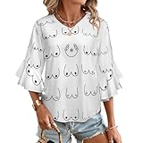 Deiubuc Womens Tops Casual Different Breast Boobs Blouses Ruffle Sleeve V Neck 3/4 Length Sleeve Womens Tops Shirts Spring 2XL