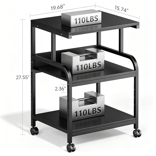 Image of Printer Stand, 20x16x28'' Metal Printer Table with Wheels, 3 Tier Rolling Cart with Adjustable Storage Shelf, Space Saving 3D Printer Desk for Home Office, Mini Fridge & Heat Press Stand, Black
