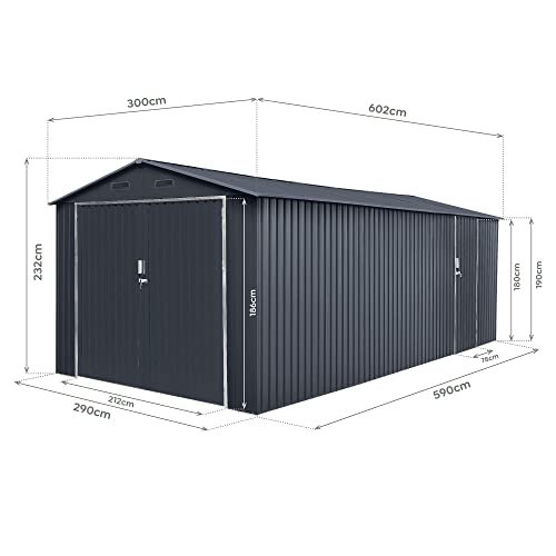 Garaje Metalico Tonsberg 18m2 – 602x300x232cm – Resguardo Exterior para Coche - Cierre de Seguridad con Llave - 4 Rejillas Anticondensación - Puerta Amplia - Cochera Cobertizo Jardín Almacenaje - imagen 3