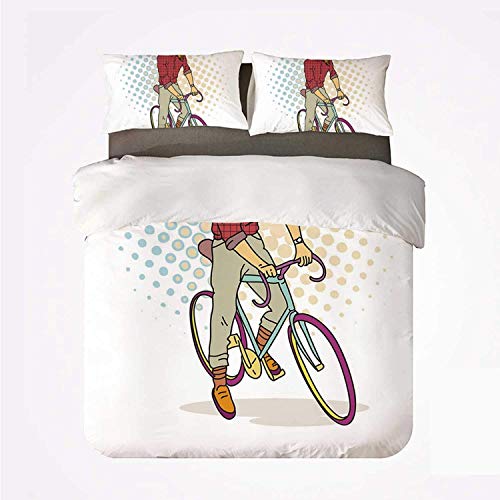 Juego de Funda n�rdica Retro Warm 3 Juego de Cama, Hipster Cabra en Bicicleta Modelo de Moda Cuernos Pezuas Adolescente Nio Colorido Ilustraciones Decorativas para habitaci�n