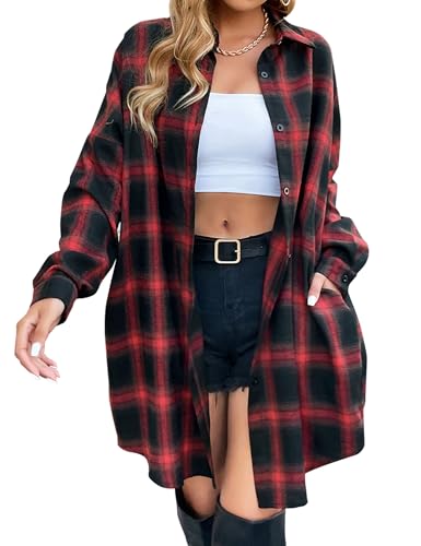 Blooming Jelly Womens Button Down Flannel Shirts Plaid Shacket Mid Long Tshirt Dress Long Sleeve Jacket Coats (XX-Large Black&Red Plaid)