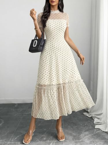 Image of GothDark Women's Summer Floral Mesh Ruffle Dress Short Sleeve Round Neck Waist Cinched Casual Maxi Wedding Guest Dresses
