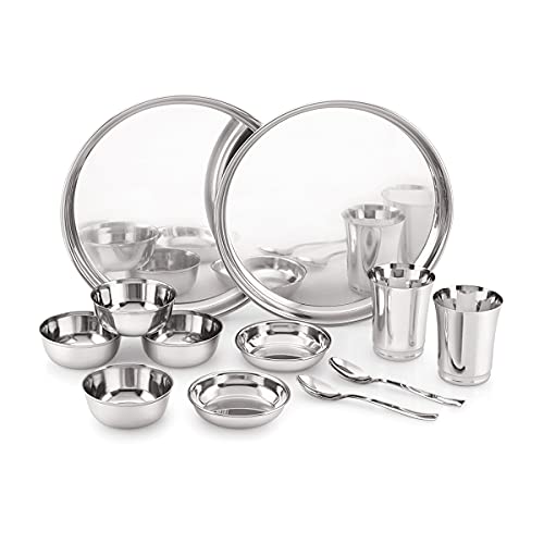 ATTRO Stainless Steel Solid Dinner Set of 2 Thali, 2 Plate, 4 Bowl, 2 Glass, 2 Spoon (Thali Diameter 12 Inch) - Set of 12, Silver, Standard