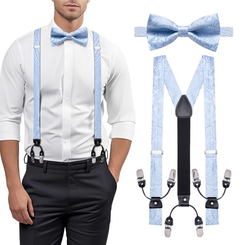 Image of YOHOWA Men Suspenders 6 Clips Strength Adjustable Y Braces Pre-Tied Bow Tie Set Formal Wedding Party