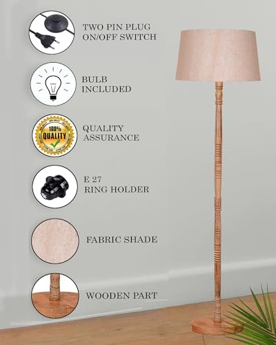 Image of Homesake Mid Century Modern Floor Lamp for Living Room | Hand Turned | Corner Lamp for Living Room, Stand Lamp with Fabric Lampshade for Bedroom, Study Room and Office, (Jute)