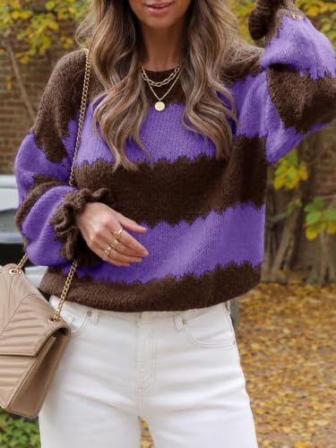 Striped Sweater Women Color Block Ruffle Long Sleeve Cute Fall Sweaters - image 4