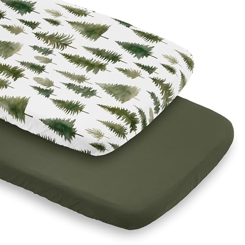 Image of Sweet Jojo Designs 2-Piece Baby Bassinet Sheets Set (Sage Green Woodland) for Girls /Boys, Infant Newborn Nursery, Oval, Rectangle & Hourglass Mattress (Solid Hunter & Forest Themed, Nature, Pine Tree)