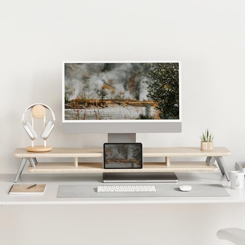 Image of Fenge Dual Monitor Stand, Monitor Stands Riser for 2 monitors, 42.5 Inch Wood Desk Shelf with Storage Organizer and Cable Management for Office Desk Accessories