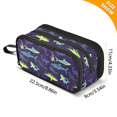 Image of Pencil Case Large Pen Bag with Zipper Cartoon Shark | 3-Compartment Aesthetic Pencil Pouch Stationery Storage and Organizer, Marker Case School Supplies for Teen Adult Girls Boys