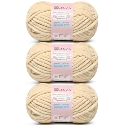Image of 10.58 oz /147.6 yds Chunky Chenille Yarn for Crocheting, #7 Super Bulky Baby Blanket Yarn for Crocheting Soft, Fluffy Velvet Yarn for Knitting, Amigurumi Crochet Yarn for Crafts (3 Beige)