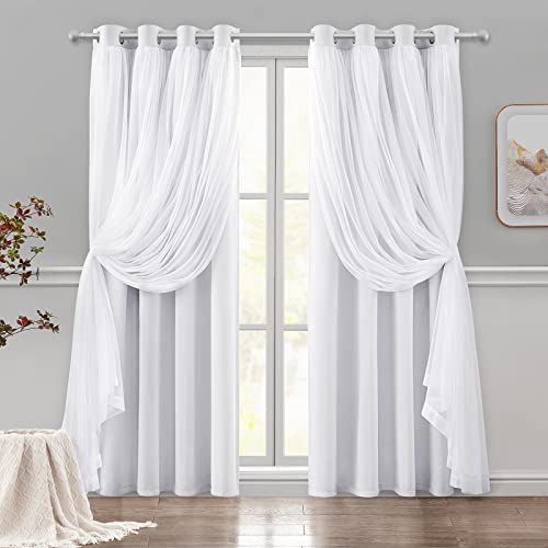 HOMEIDEAS Double Layer Curtains Greyish White Blackout Curtains 84 Inch Length 2 Panels Nursery Grommet Drapes with Sheer Overlay for Girls Kids Bedroom