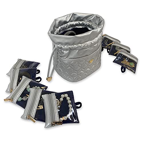 Ultra Jewelry Case – Travel Jewelry Organizer Convertible to an Evening Bag with 10 Clear Removable Pouches, 2 Snap Side Pockets & Drawstring Closure – Featured in Oprah’s Favorite Things (Silver)2