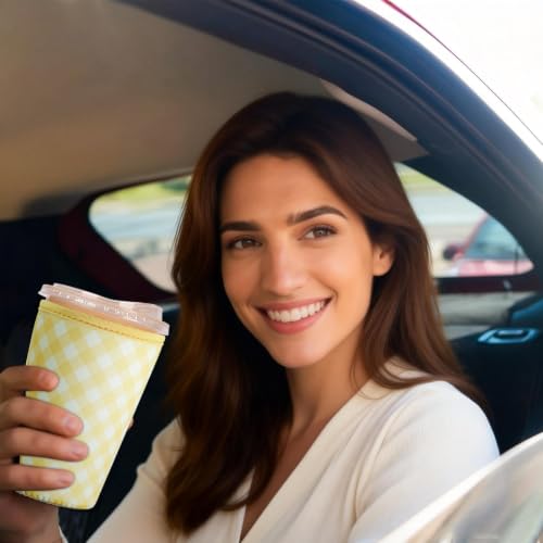Image of Reusable Insulated Sleeve for Iced Coffee Cup, Coffee Neoprene Sleeve for Cold & Hot Drinks, Beverage Holder for Iced Coffee (Yellow Gingham, Large: 32oz)