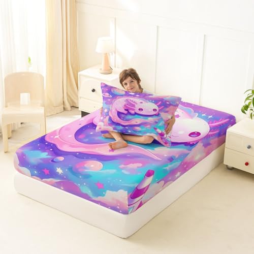 Image of jejeloiu Cute Axolotl Bed Sheets Sets Twin Size Kids Boys Girls Galaxy Planet Space Bedding Set Cartoon Animal Bed Sheet Set with 16-Inch Deep Pockets Pink Dreamy Starry 3Pcs with 1 Pillow Cases