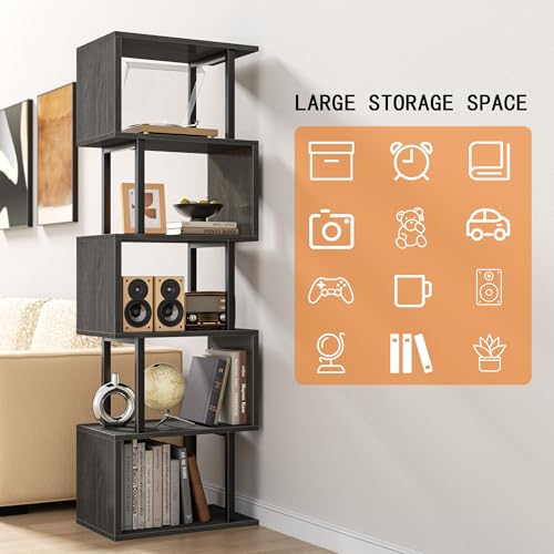 Image of Furologee 6 Tier Bookshelf Tall Geometric Bookcase, S Shaped Industrial Display Standing Shelf, Metal and Wood Decorative Storage Room Divider Rack for Bedroom, Living Room, Office, Light Black Oak