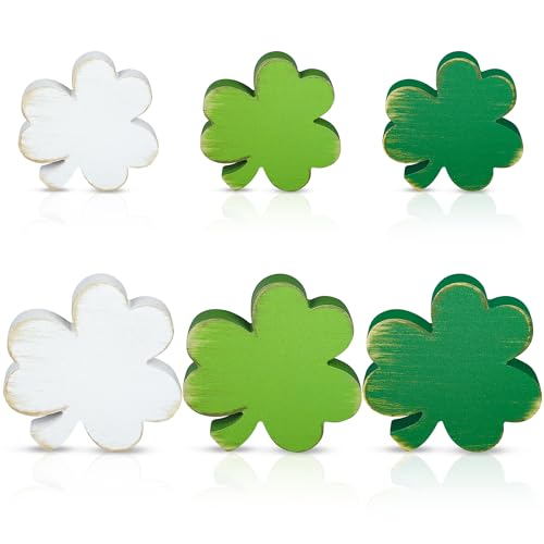 6 Pcs St. Patrick's Day Table Wooden Signs Green Shamrock Tabletop Wood Centerpieces Irish Rustic Tiered Tray Decor Lucky Clover Farmhouse Blocks for Holiday Party Home Office Decoration