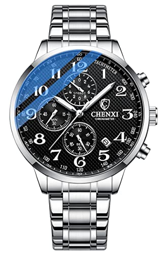 FANMIS Men's Luxury Analog Quartz Watch Luminous IP Gold Plating Stainless Steel Black Dial with Rhinestones Multifunctional Business Dress Wrist Watch (X White Black g)