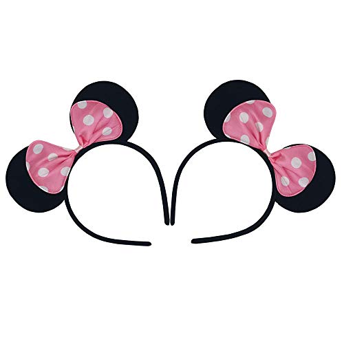 CHuangQi Mouse Ears Headband (Set of 2), Solid Black and Pink Bow with Polka Dot, Party Favors