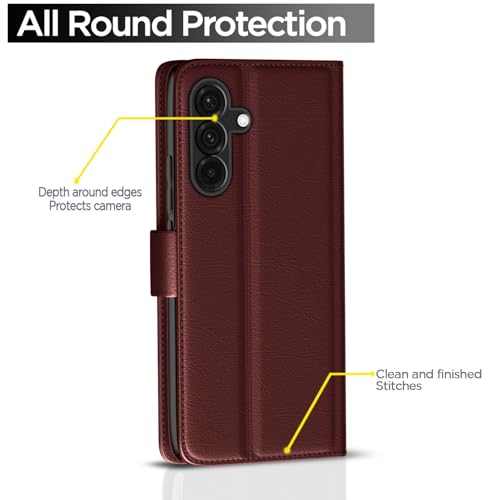 Image of Pikkme Flip Cover Leather Finish | Inside TPU with Card Pockets | Wallet Stand and Shock Proof | Complete Protection Button Flip Case for Samsung Galaxy A56 5G(Brown)