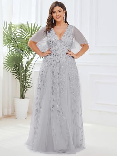 Image of Ever-Pretty Women's Sequin V Neck Plus Size Formal Dresses Evening Gown | Short Sleeve, A-Line, Empire Waist, Plus Size Mother of the Bride Dresses, Plus Size Gala Dress