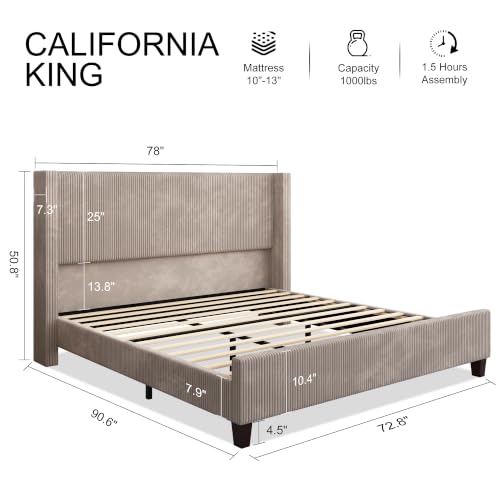 Image of HOWE California King Size Bed Frame with Corduroy Wingback Headboard, Taupe | Modern Upholstered Platform Bed, 50.8 Inch Tall Profile, Solid Wood Slats, No Box Spring Needed, Noise-Reducing Designrt